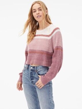 Aeropostale Pink & Cream Striped Cropped Crew Sweater